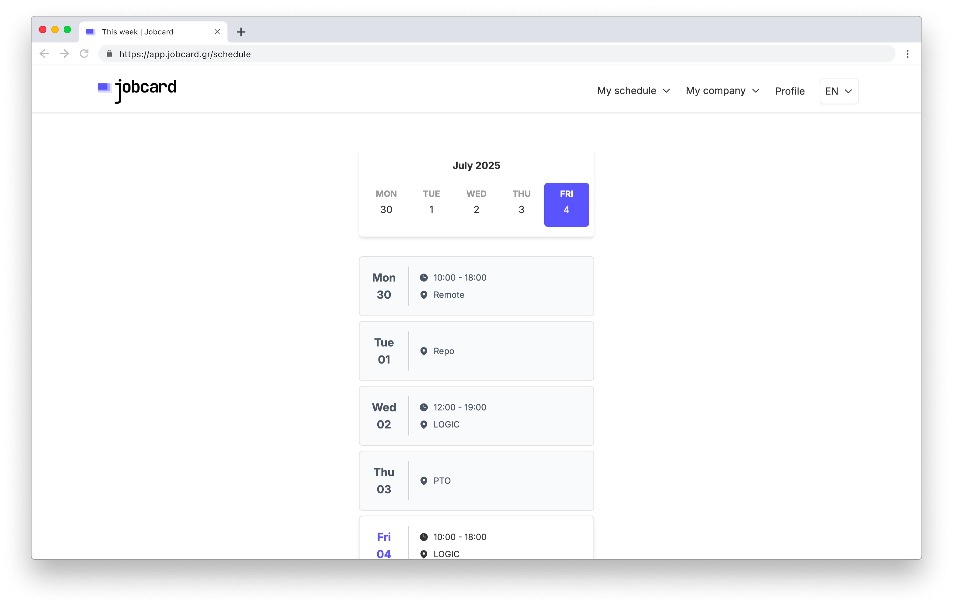 JobCard next week screen
